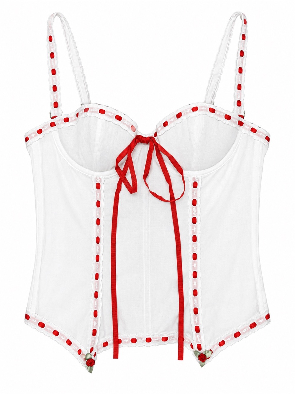 White & Red Ribbon Trim Corset With Mini Roses